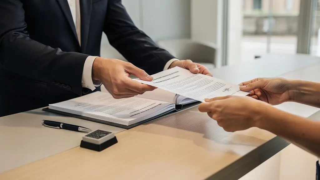 Les mains d'un conseiller bancaire remettent un document de garantie à un chef d'entreprise au comptoir d'une agence.