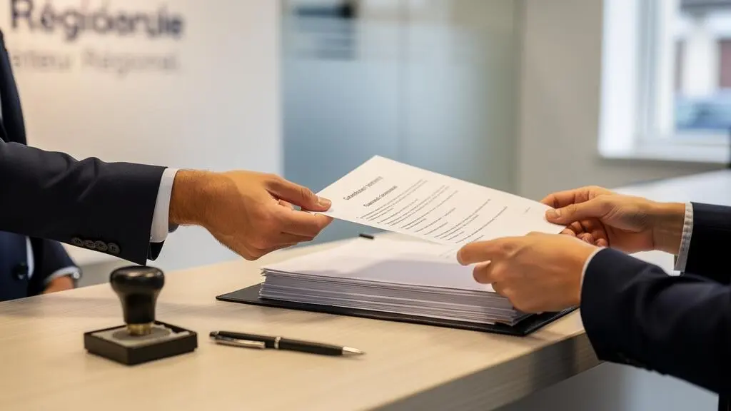 Les mains d'un conseiller bancaire remettent un document de garantie à un chef d'entreprise au comptoir d'une agence.