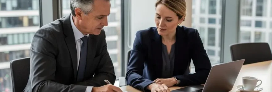 Une responsable export et son conseiller bancaire examinent ensemble un document de garantie à la table d'une réunion en bureau.