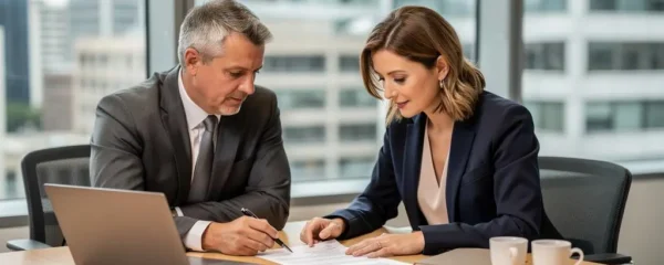 Une responsable export et son conseiller bancaire examinent ensemble un document de garantie à la table d'une réunion en bureau.