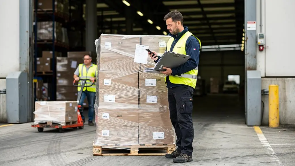 Un responsable export vérifie son téléphone à côté d'une palette chargée près d'une remorque dans un entrepôt logistique.