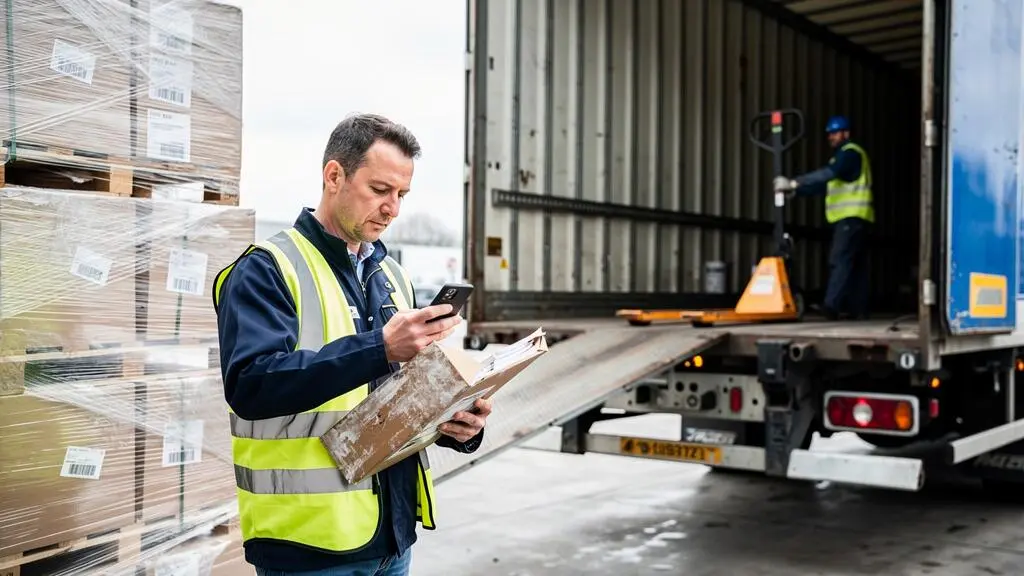 Un responsable export vérifie son téléphone à côté d'une palette chargée près d'une remorque dans un entrepôt logistique.
