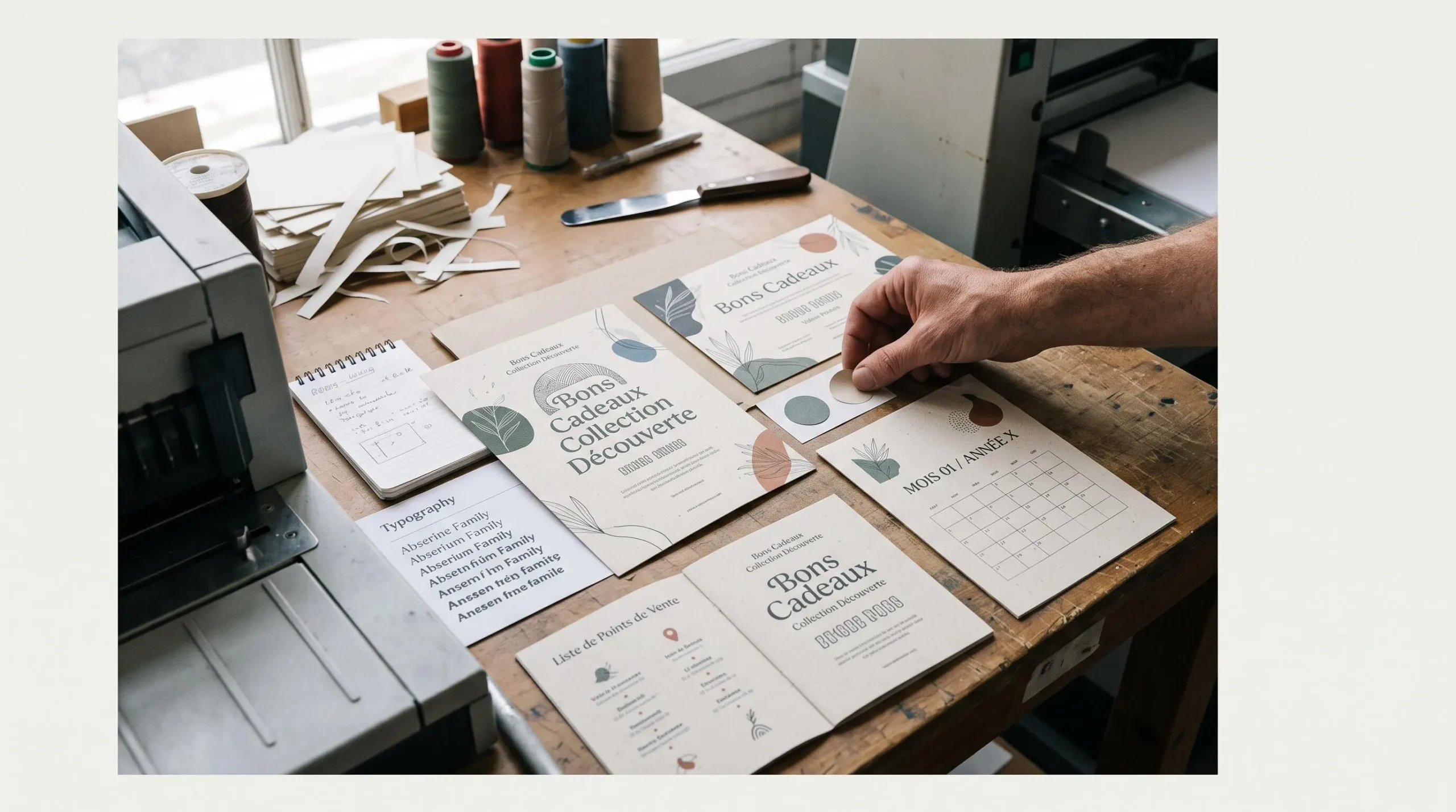Chéquier-cadeau local ouvert avec plusieurs coupures et épreuves graphiques sur une table de préparation