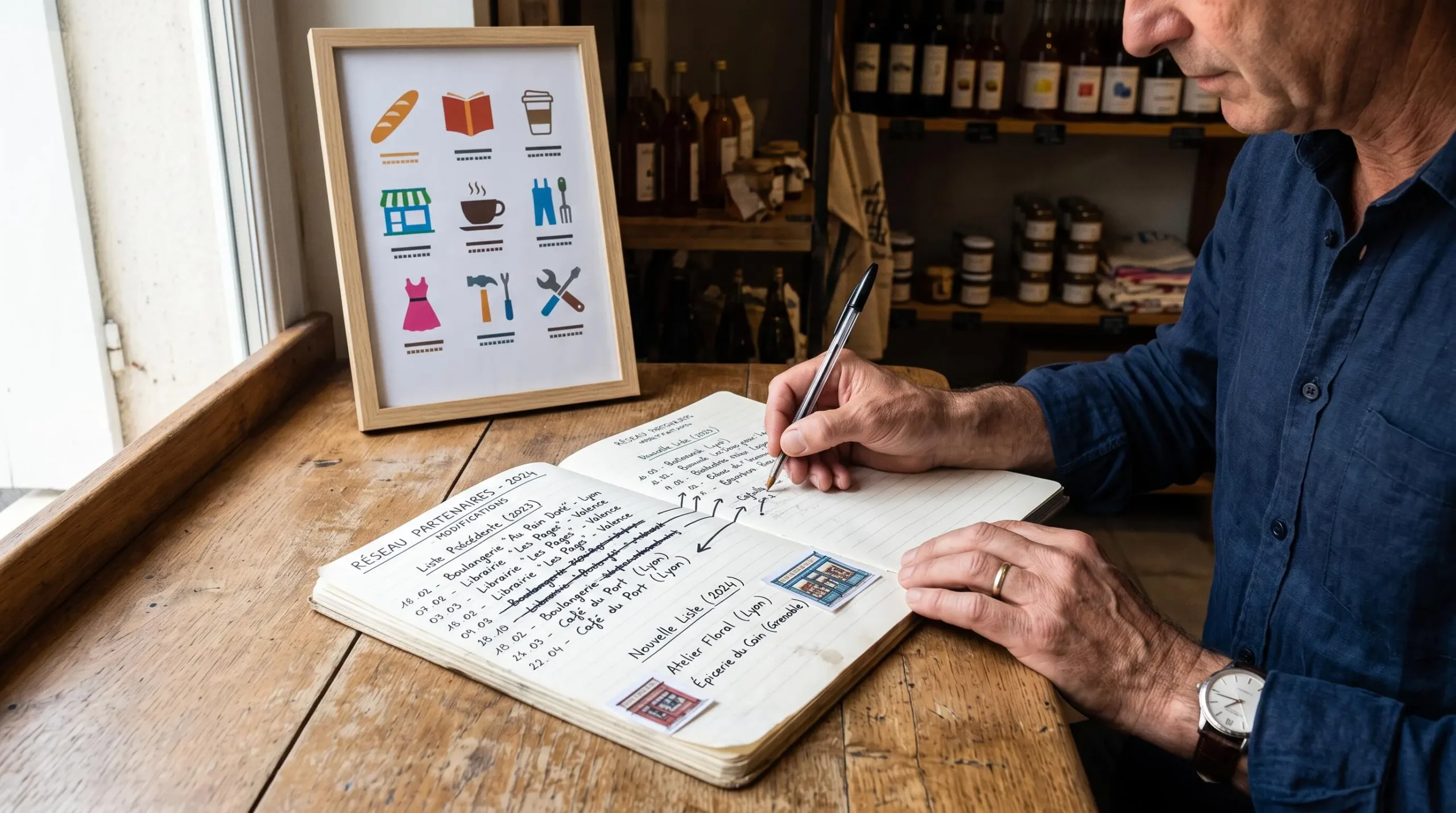 Affiche fictive de commerces participants à côté d’un registre de mise à jour sur comptoir
